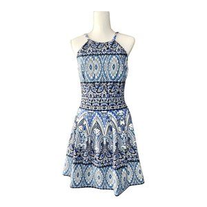Vince Camuto Women’s Dress A-Line Flare Stretch Knit Blue Pattern Sleeveless Sz8